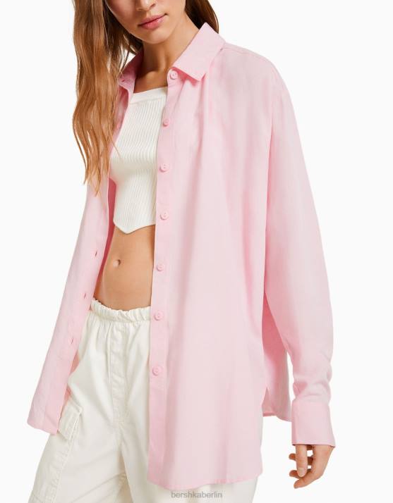 Rosa Bershka Frauen Langärmliges, übergroßes Leinenhemd H00J904