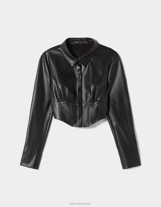 Schwarz Bershka Frauen Hemd im Korsett-Stil aus Kunstleder H00J947