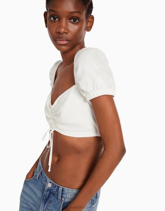 Weiss Bershka Frauen Kurzärmliges Crop-Top aus Leinenmischung mit gerafften Details H00J899