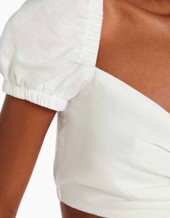 Weiss Bershka Frauen Kurzärmliges Crop-Top aus Leinenmischung mit gerafften Details H00J899