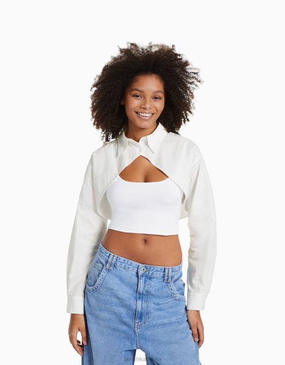 Weiss Bershka Frauen Langärmliges, gekreuztes, kurzes Hemd H00J901