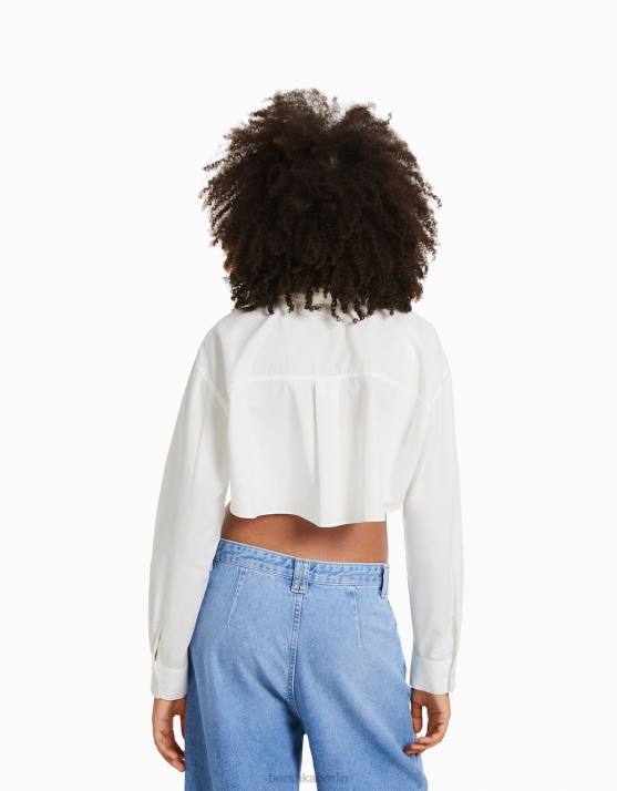 Weiss Bershka Frauen Langärmliges, gekreuztes, kurzes Hemd H00J901