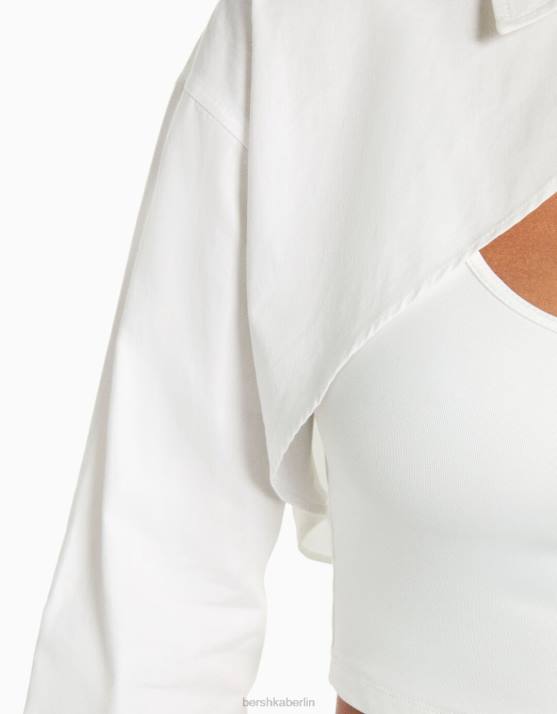 Weiss Bershka Frauen Langärmliges, gekreuztes, kurzes Hemd H00J901