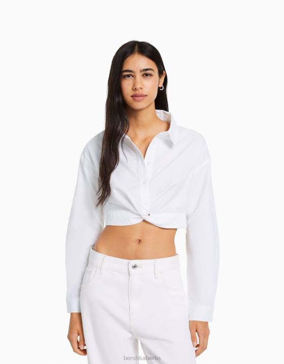 Weiss Bershka Frauen Langarmshirt mit Crossover-Detail vorne H00J920