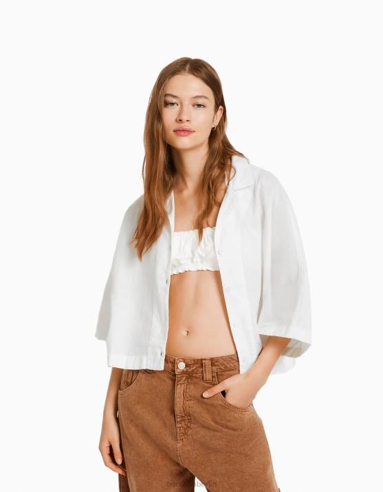 Weiss Bershka Frauen Rustikales, kurzärmliges Hemd im Kimono-Stil H00J915