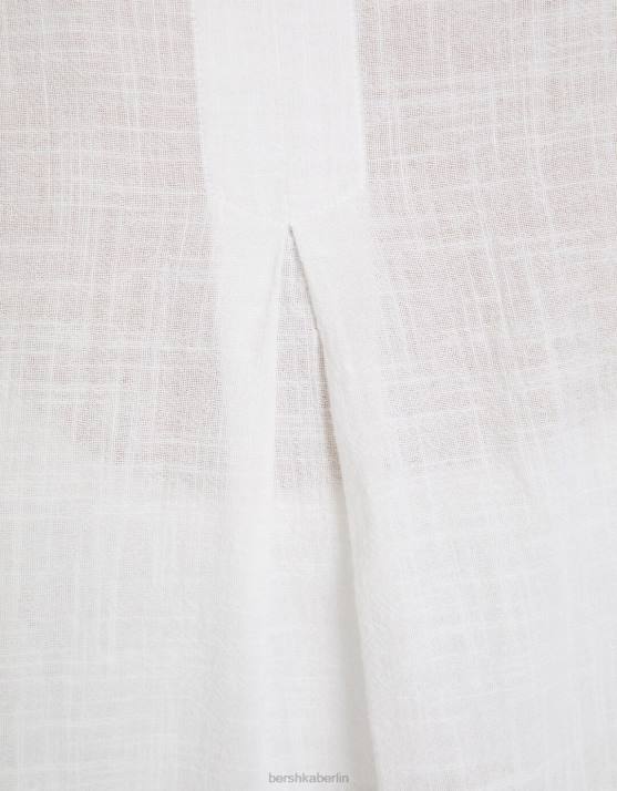 Weiss Bershka Frauen Strukturiertes, rustikales Hemd mit kurzen Ärmeln H00J905