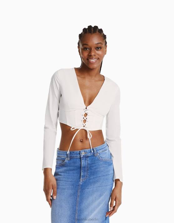 andere Bershka Frauen Tailliertes Popeline-Korsetthemd mit Schnürung und langen Ärmeln H00J937