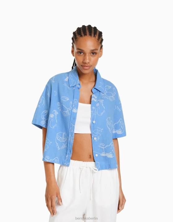 exklusiv Bershka Frauen Strukturiertes, rustikales Hemd mit kurzen Ärmeln H00J908