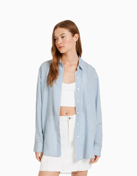 hellblau Bershka Frauen Langärmliges, übergroßes Leinenhemd H00J902