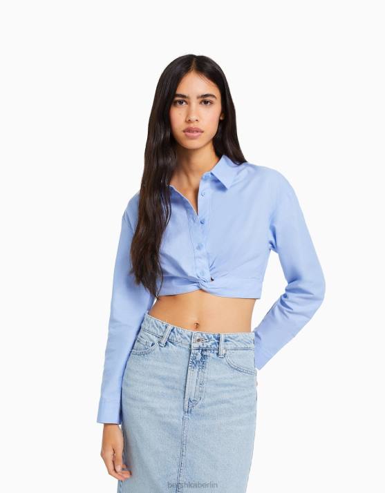 hellblau Bershka Frauen Langarmshirt mit Crossover-Detail vorne H00J921