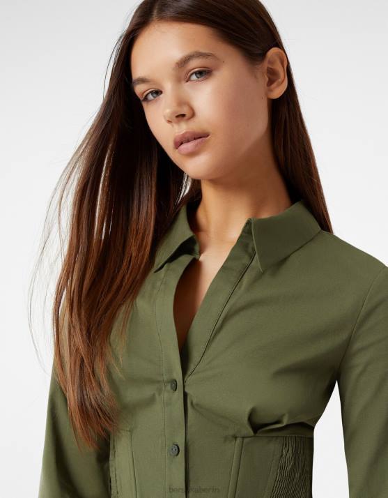 khaki Bershka Frauen Tailliertes Korsetthemd aus Popeline mit langen Ärmeln H00J930