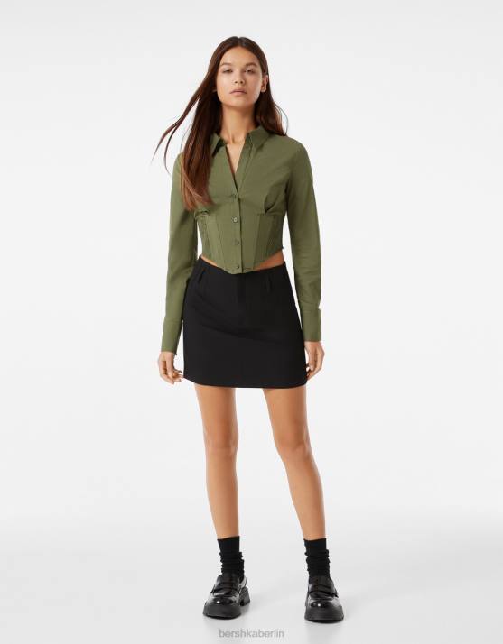 khaki Bershka Frauen Tailliertes Korsetthemd aus Popeline mit langen Ärmeln H00J930
