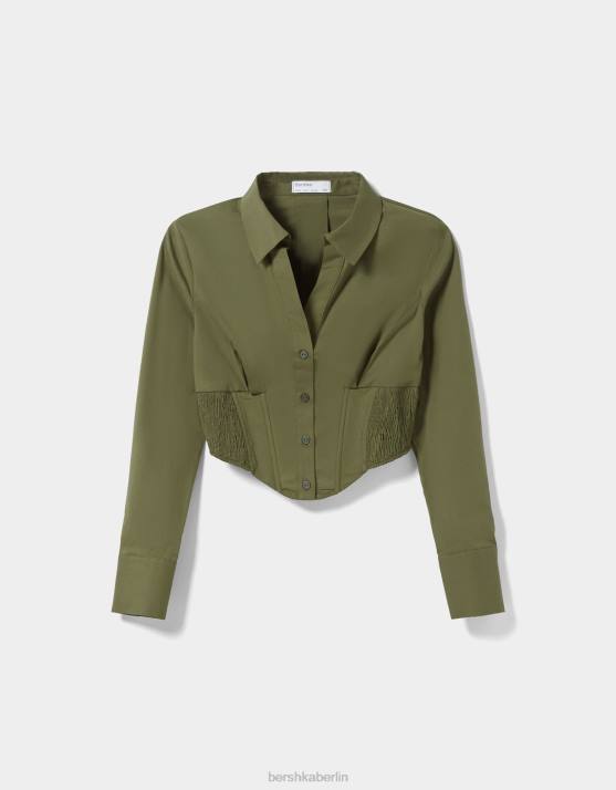 khaki Bershka Frauen Tailliertes Korsetthemd aus Popeline mit langen Ärmeln H00J930
