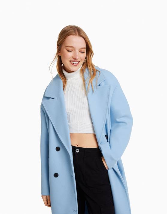 Blau Bershka Frauen Langer Mantel mit überschnittener Schulter H00J1134