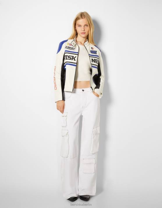 Blau Bershka Frauen Rennjacke aus Kunstleder H00J1113