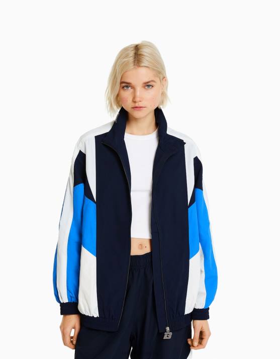 Blau Bershka Frauen Übergroße Nylon-Farbblockjacke H00J1108