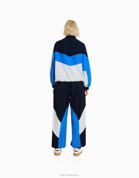 Blau Bershka Frauen Übergroße Nylon-Farbblockjacke H00J1108