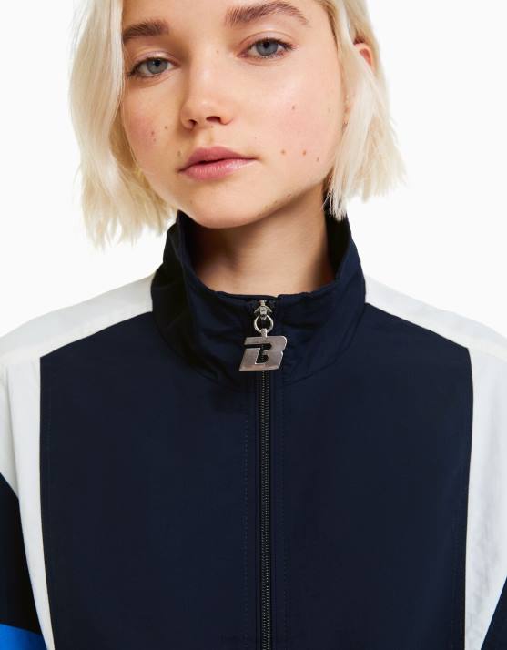 Blau Bershka Frauen Übergroße Nylon-Farbblockjacke H00J1108
