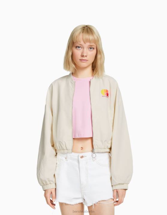 Creme Bershka Frauen bestickte Nylonjacke H00J1158