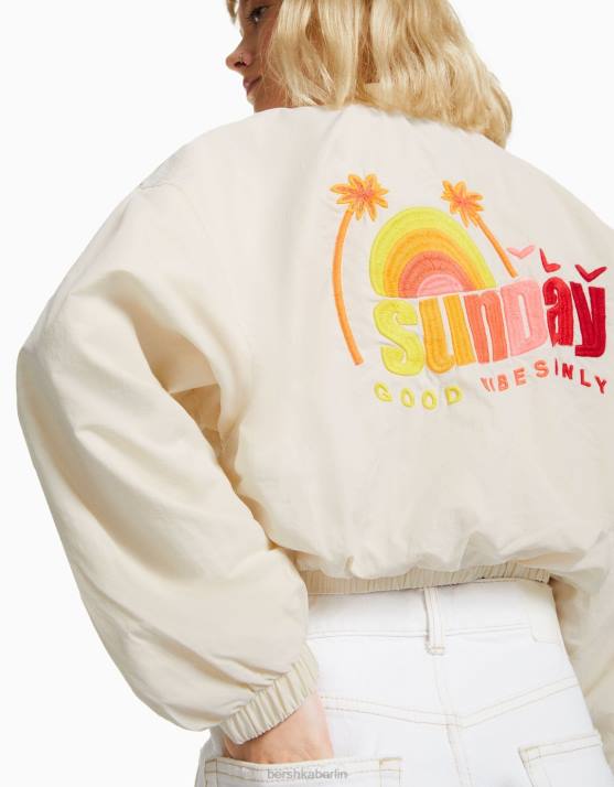 Creme Bershka Frauen bestickte Nylonjacke H00J1158