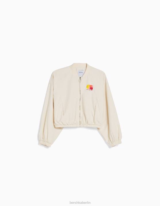 Creme Bershka Frauen bestickte Nylonjacke H00J1158