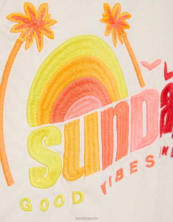 Creme Bershka Frauen bestickte Nylonjacke H00J1158