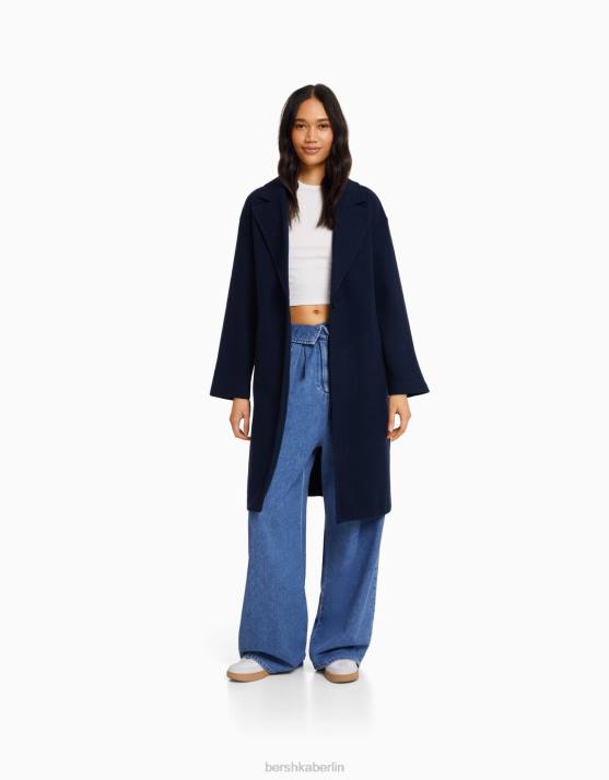 Marine Bershka Frauen Mantel aus dickem Stoff mit überschnittenen Schultern H00J1143