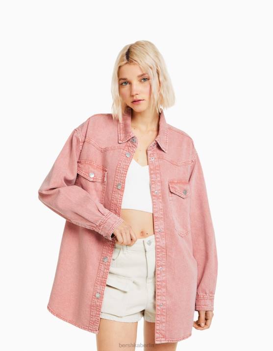 Rosa Bershka Frauen Langarm-Overshirt aus Baumwolle mit Taschen H00J1124