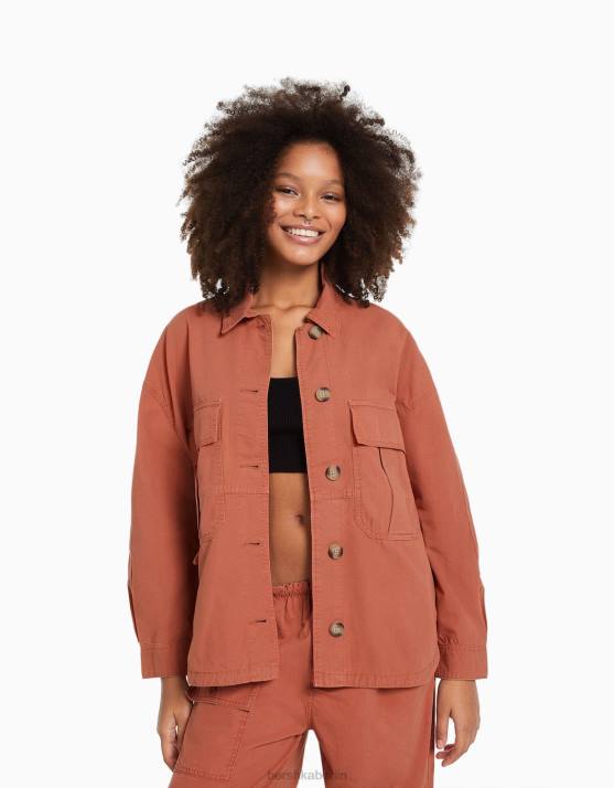 Rosa Bershka Frauen Langarm-Overshirt aus Baumwolle mit Taschen H00J1126