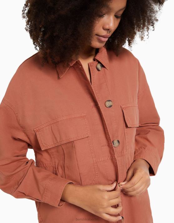 Rosa Bershka Frauen Langarm-Overshirt aus Baumwolle mit Taschen H00J1126