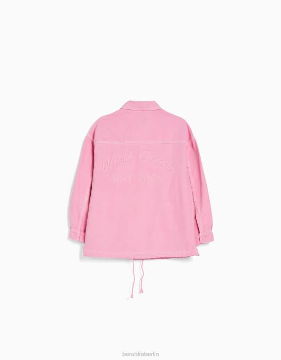 Rosa Bershka Frauen bestickte Baumwolljacke mit Taschen H00J1159