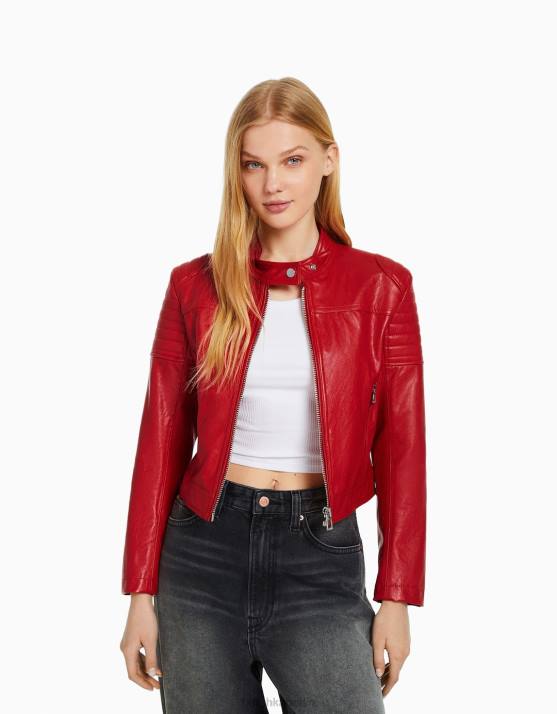 Rot Bershka Frauen Biker-Rennjacke aus Kunstleder H00J1152