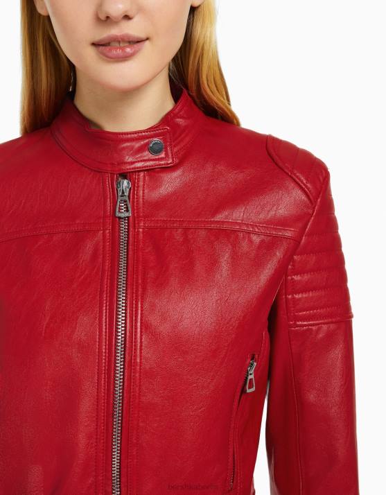 Rot Bershka Frauen Biker-Rennjacke aus Kunstleder H00J1152