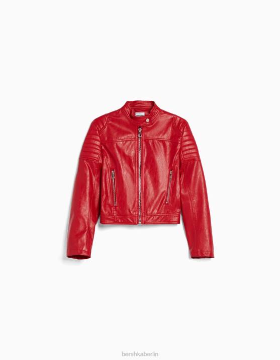 Rot Bershka Frauen Biker-Rennjacke aus Kunstleder H00J1152