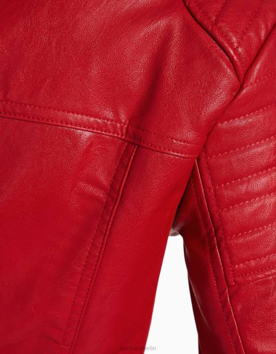 Rot Bershka Frauen Biker-Rennjacke aus Kunstleder H00J1152
