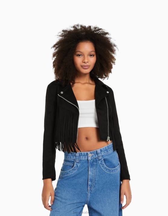 Schwarz Bershka Frauen Bikerjacke aus Wildlederimitat mit Fransen H00J1118