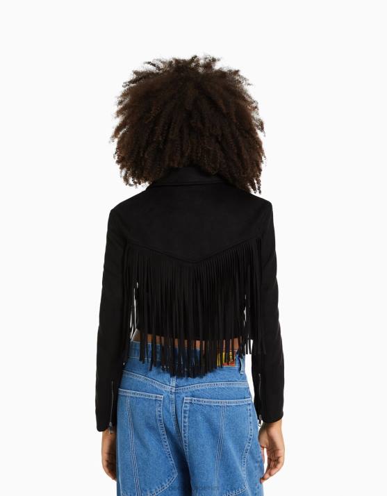 Schwarz Bershka Frauen Bikerjacke aus Wildlederimitat mit Fransen H00J1118