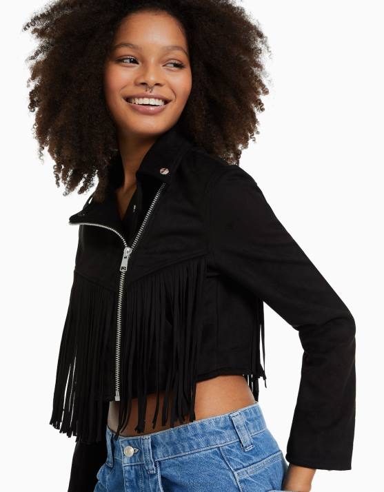 Schwarz Bershka Frauen Bikerjacke aus Wildlederimitat mit Fransen H00J1118