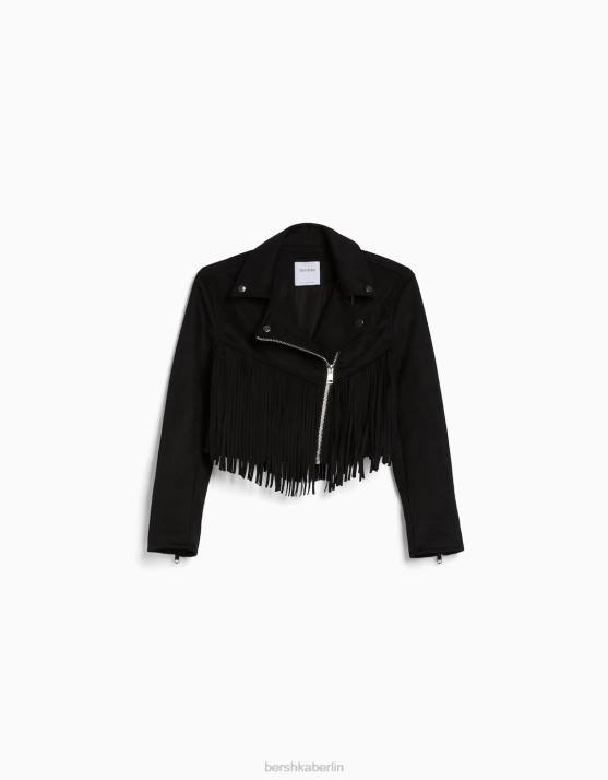 Schwarz Bershka Frauen Bikerjacke aus Wildlederimitat mit Fransen H00J1118