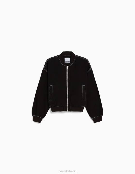 Schwarz Bershka Frauen Denim-Bomberjacke mit kontrastierendem Faden H00J1170