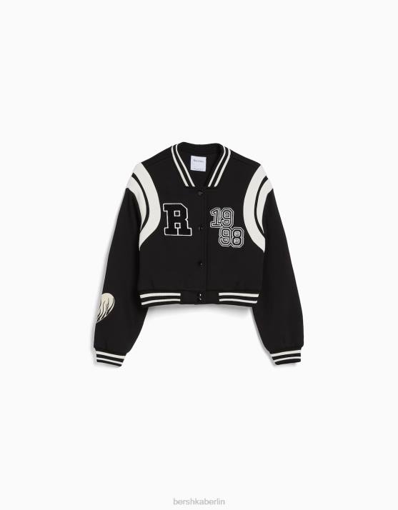 Schwarz Bershka Frauen Kurze College-Jacke H00J1160