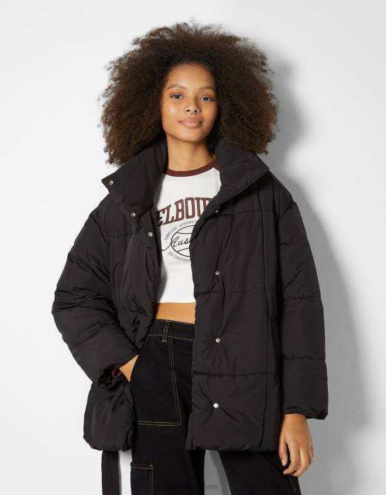 Schwarz Bershka Frauen Puffermantel mit Gürtel H00J1178