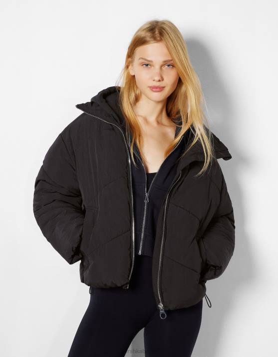 Schwarz Bershka Frauen Übergroße Nylon-Pufferjacke H00J1127