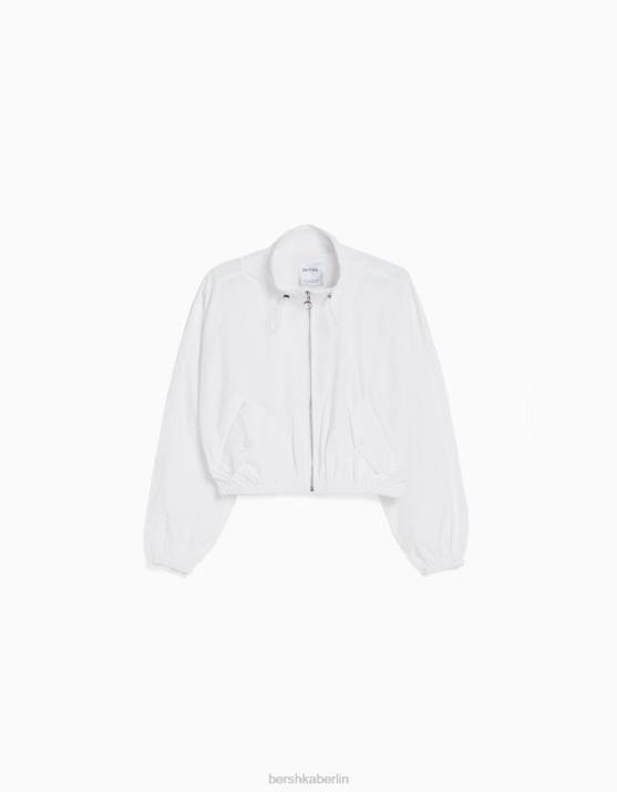 Weiss Bershka Frauen Kurz geschnittene strukturierte Nylon-Ripstop-Jacke H00J1106