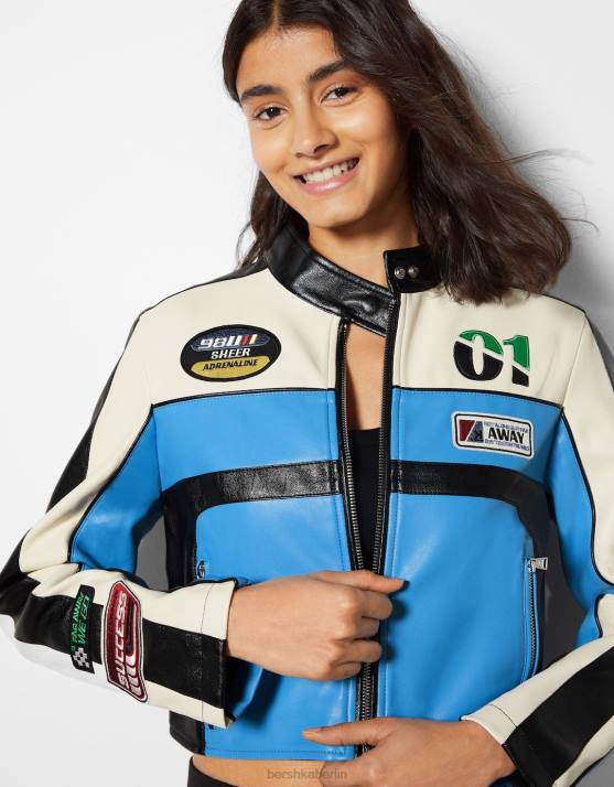 exklusiv Bershka Frauen Rennjacke aus Kunstleder H00J1099