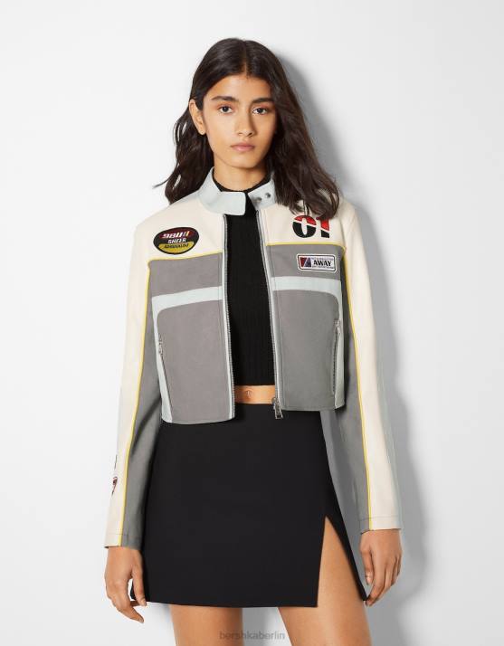 grau Bershka Frauen Rennjacke aus Kunstleder H00J1100
