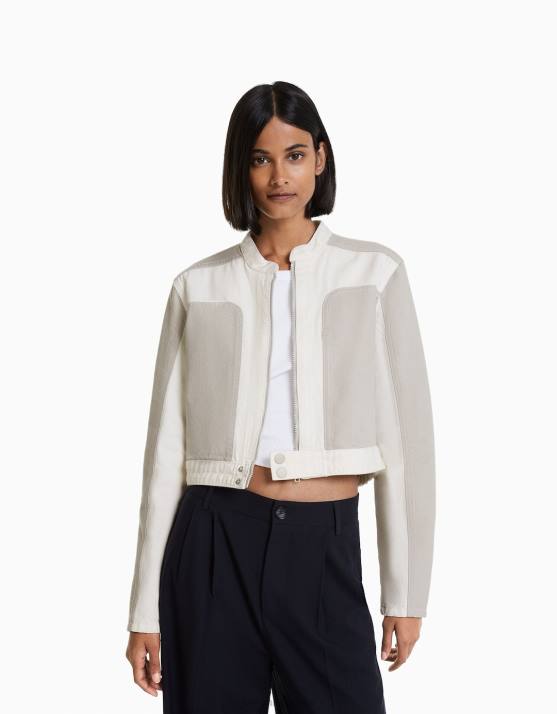 grau Bershka Frauen kontrastierende Denim-Bikerjacke H00J1117