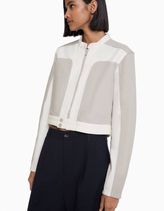 grau Bershka Frauen kontrastierende Denim-Bikerjacke H00J1117