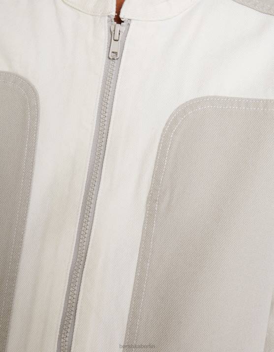 grau Bershka Frauen kontrastierende Denim-Bikerjacke H00J1117