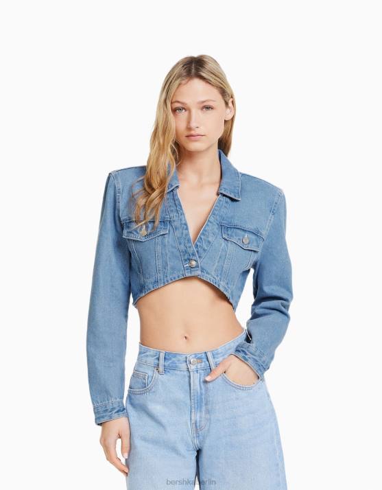 hellblau Bershka Frauen Kurze Jeansjacke mit gepolsterten Schultern H00J1101